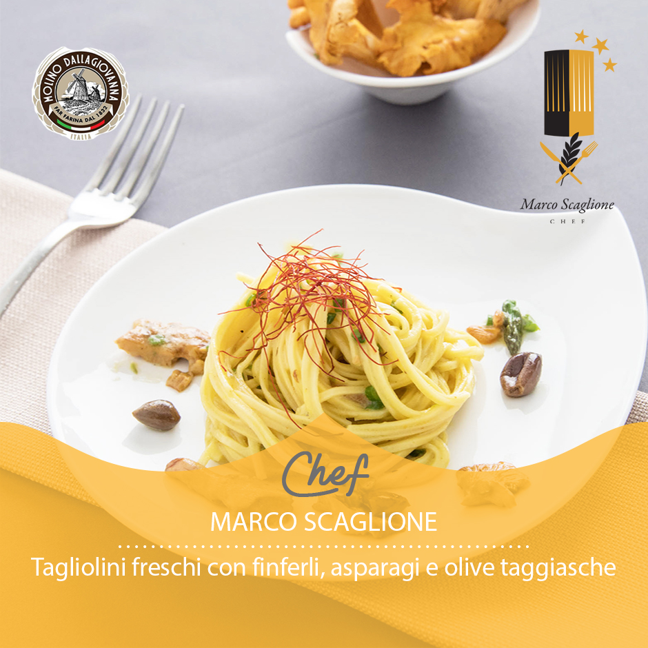 Tagliolini freschi con finferli, asparagi e olive taggiasche