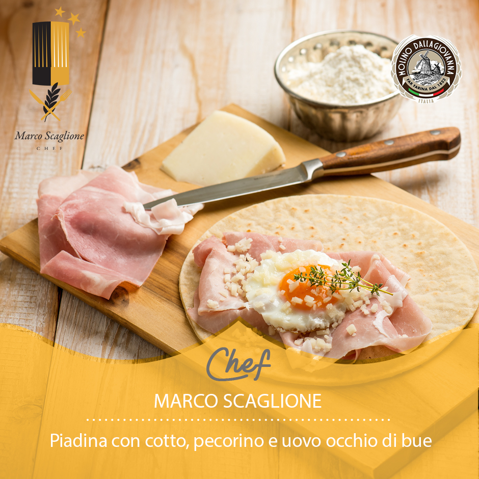 Piadina con prosciutto cotto, uovo all’occhio di bue, pecorino e timo