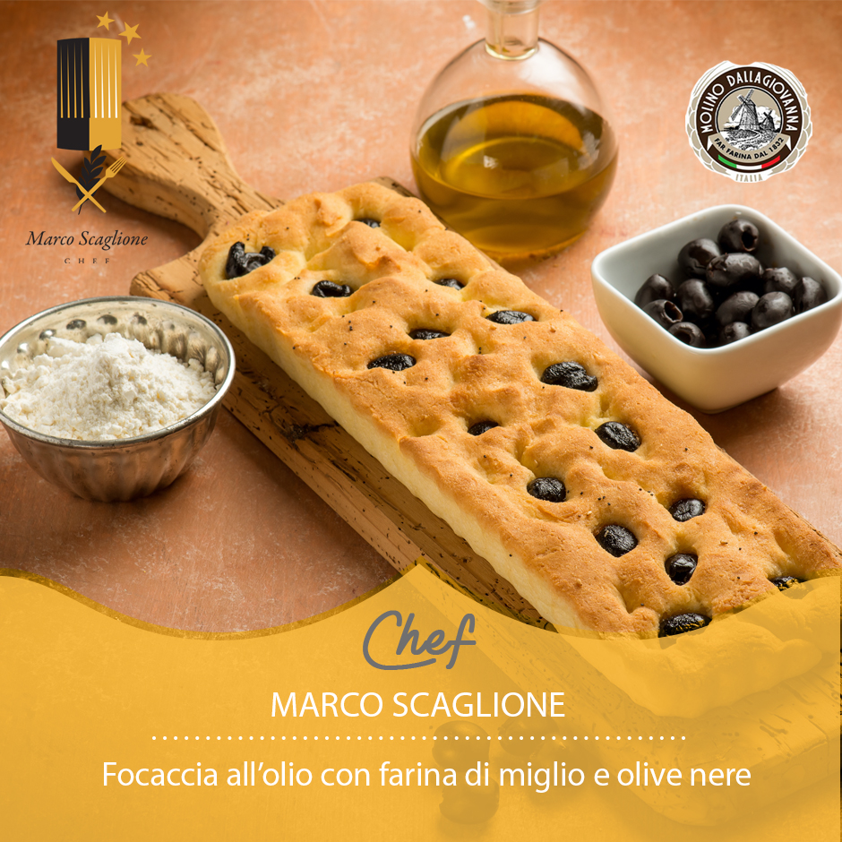 Gluten-free focaccia with olive oil and black olives 