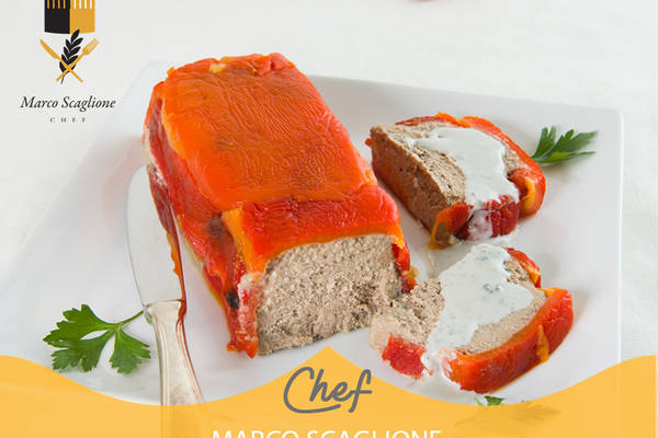 Terrine of peppers, liver pate and teff with blue cheese sauce