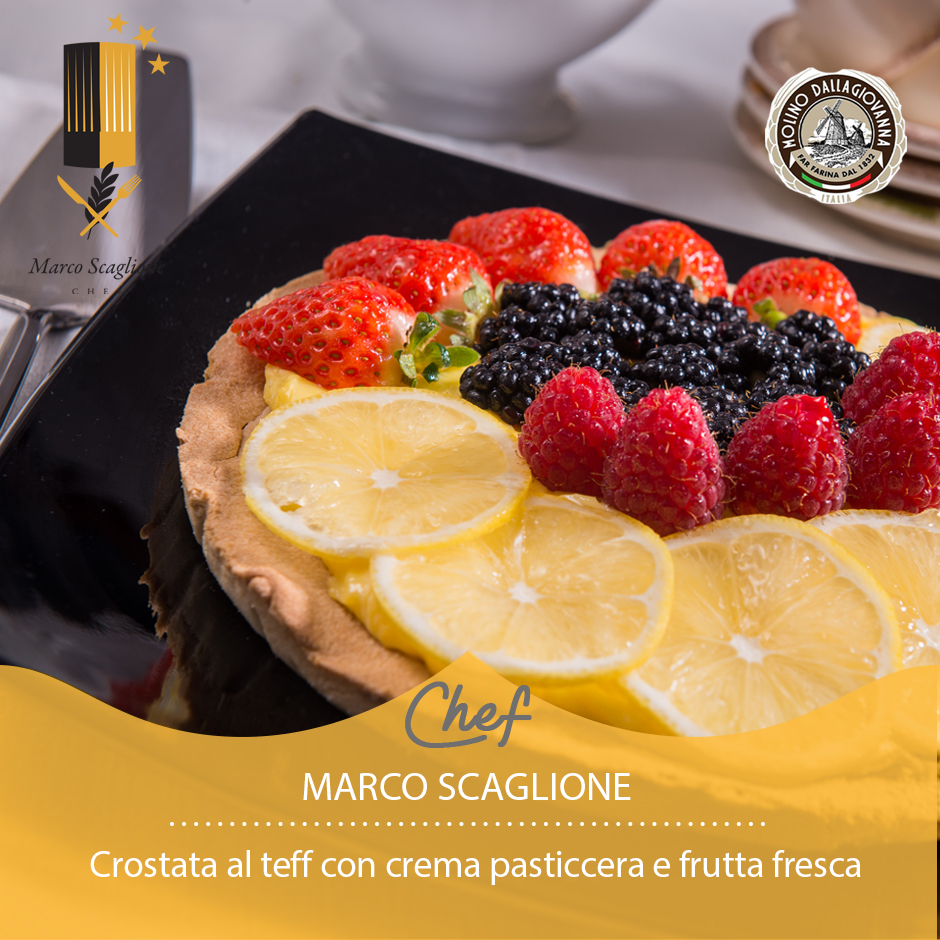 Tarta de teff con crema pastelera y fruta fresca