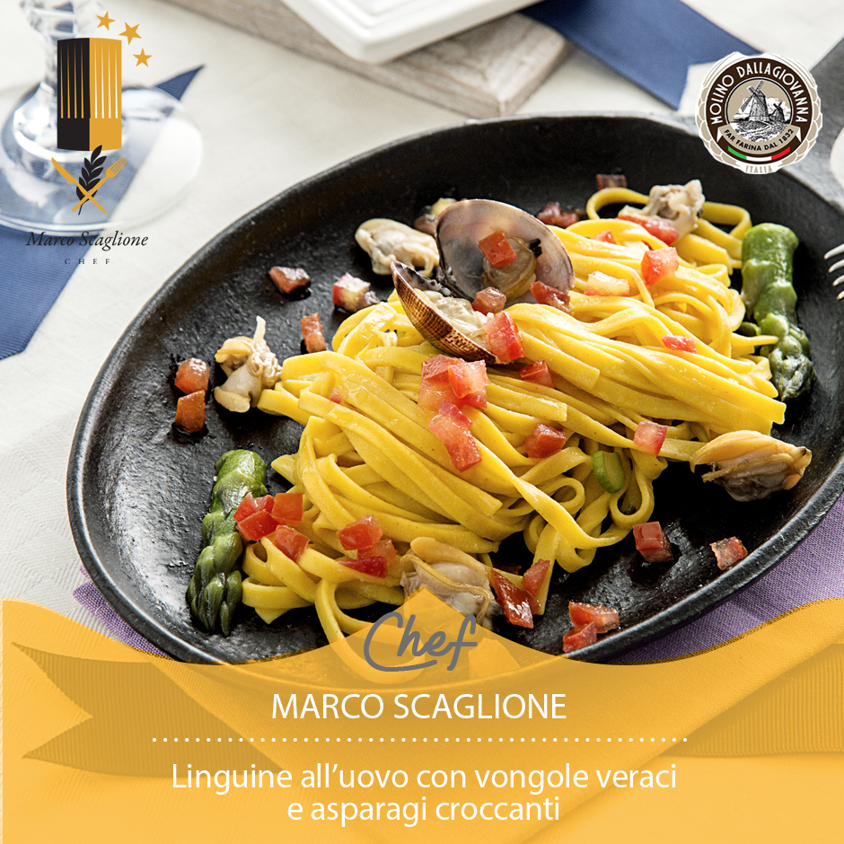 Linguine de huevo con almejas veraces y espárragos crujientes