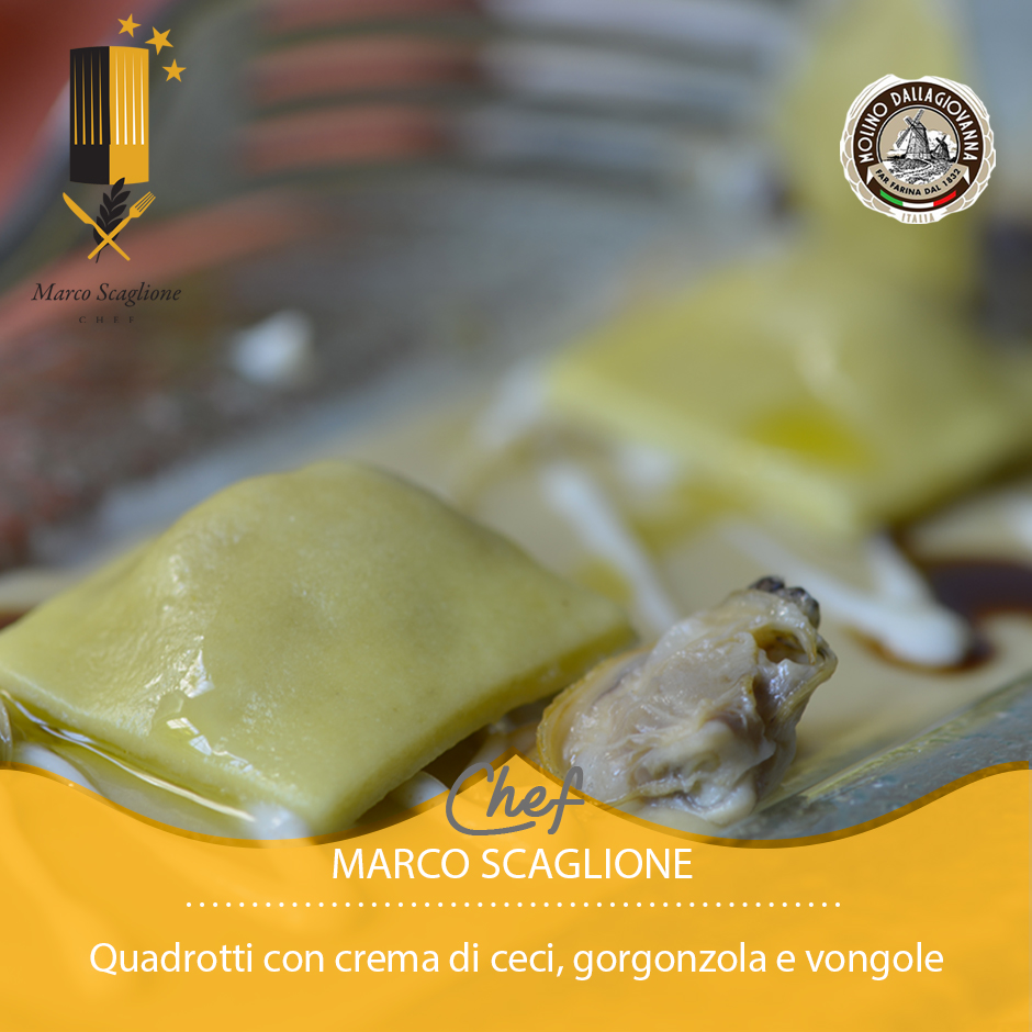 Quadrotti con crema di ceci, gorgonzola e vongole sgusciate