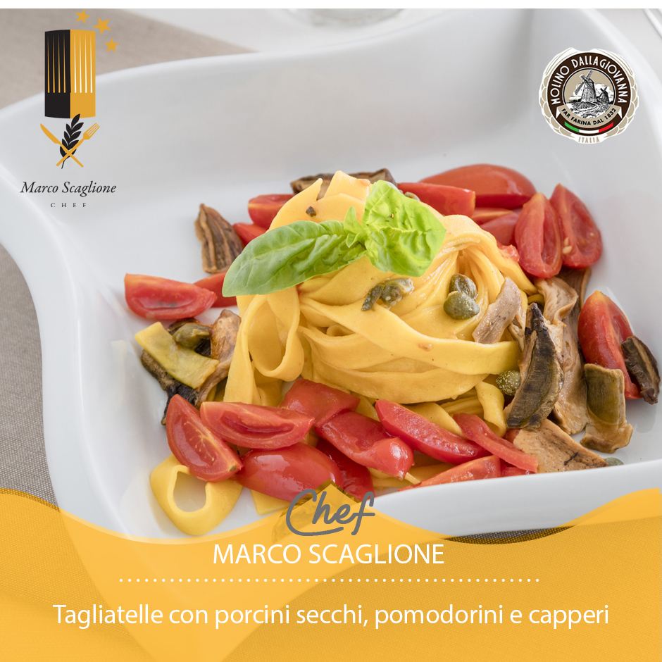 Tagliatelle all’uovo con funghi porcini secchi, pomodorini e capperi