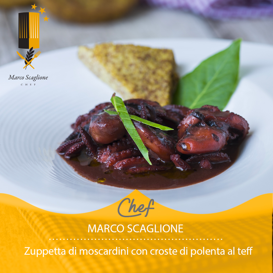 Zuppetta di moscardini con croste di polenta al teff