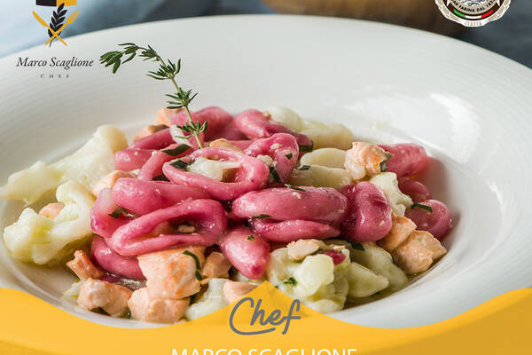 Orecchiette with red turnips, scalded cauliflower, fresh salmon and herbs