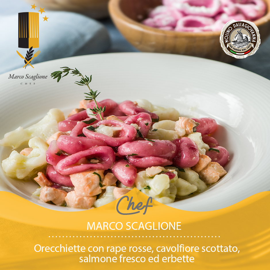 Orecchiette con nabos rojos, coliflor escaldada, salmón fresco y hierbas