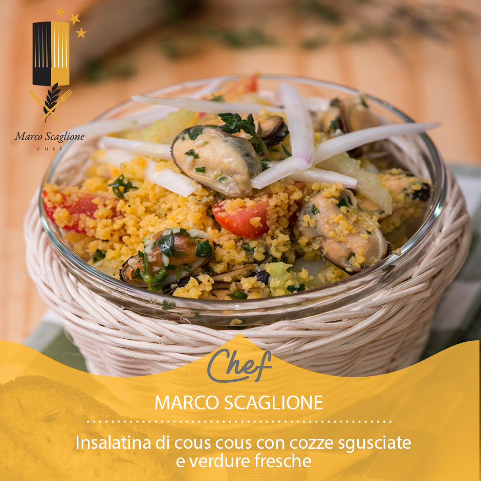 Insalatina di cous cous con cozze sgusciate e verdurine fresche