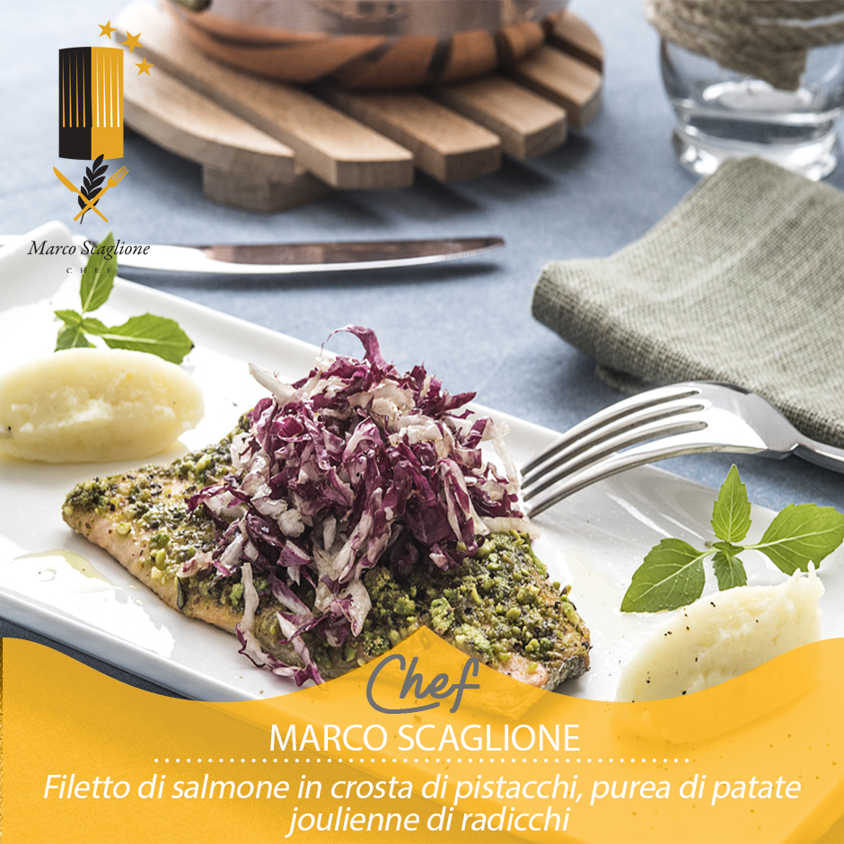 Filetto di salmone in crosta di pistacchi, purea di patate e julienne di radicchio