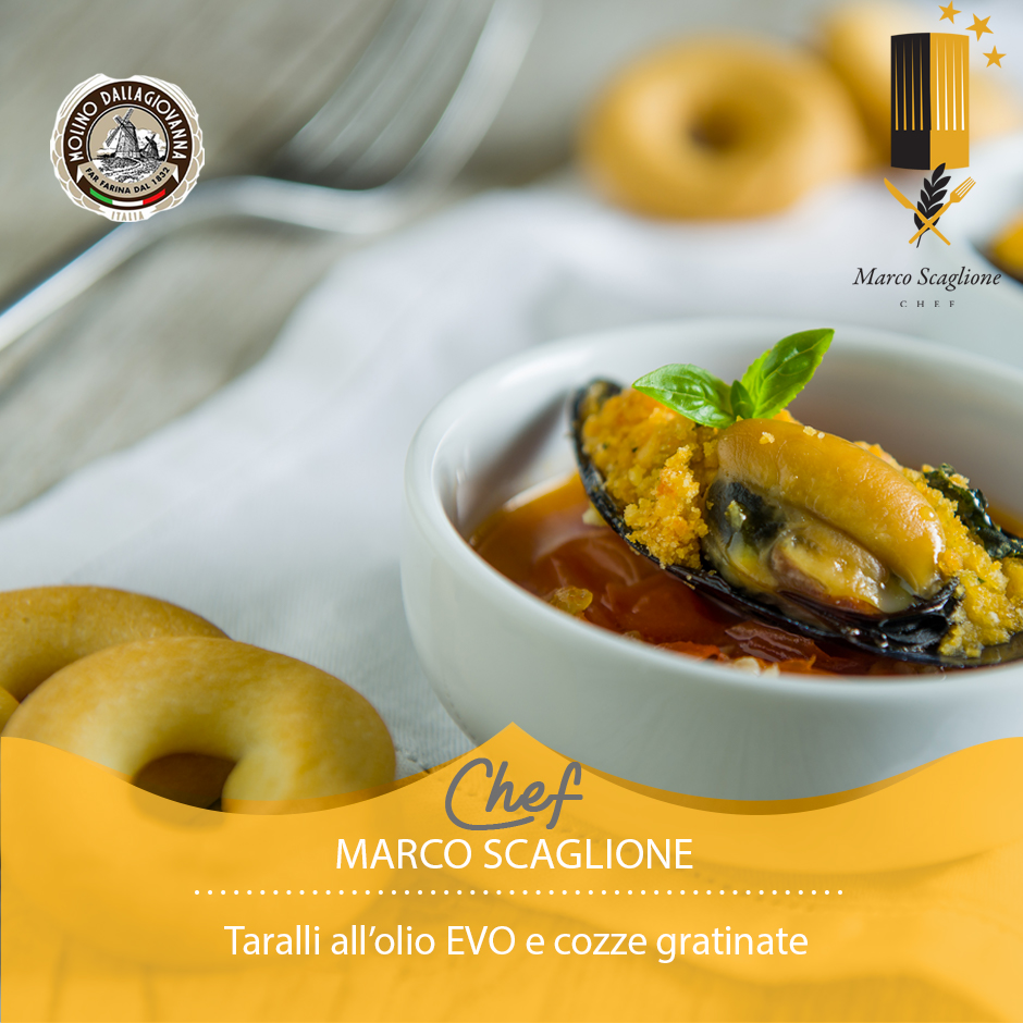 Tarallini all’olio EVO con cozze gratinate e sughetto di pachino