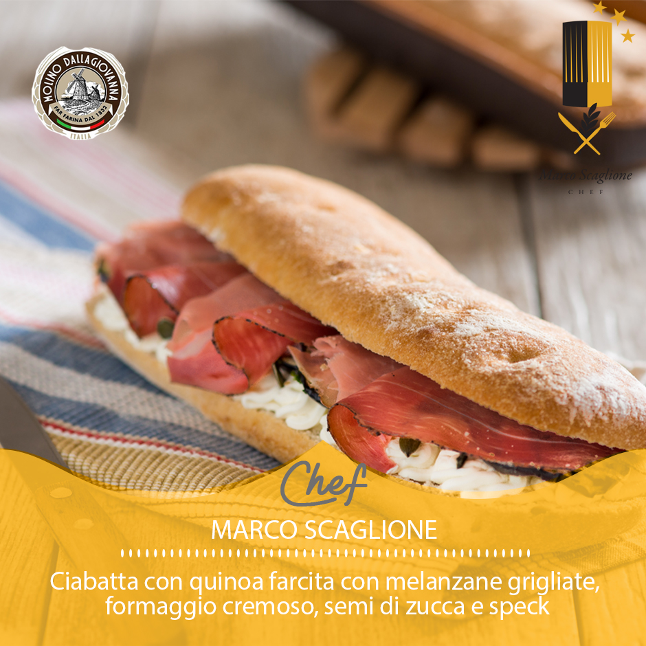 Ciabatta con quinoa farcita con melanzane grigliate, formaggio cremoso, semi di zucca e speck