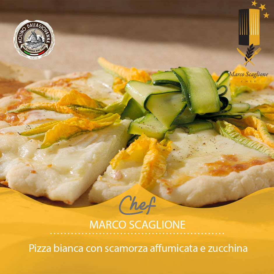 Pizza blanca con scamorza ahumada y calabacín