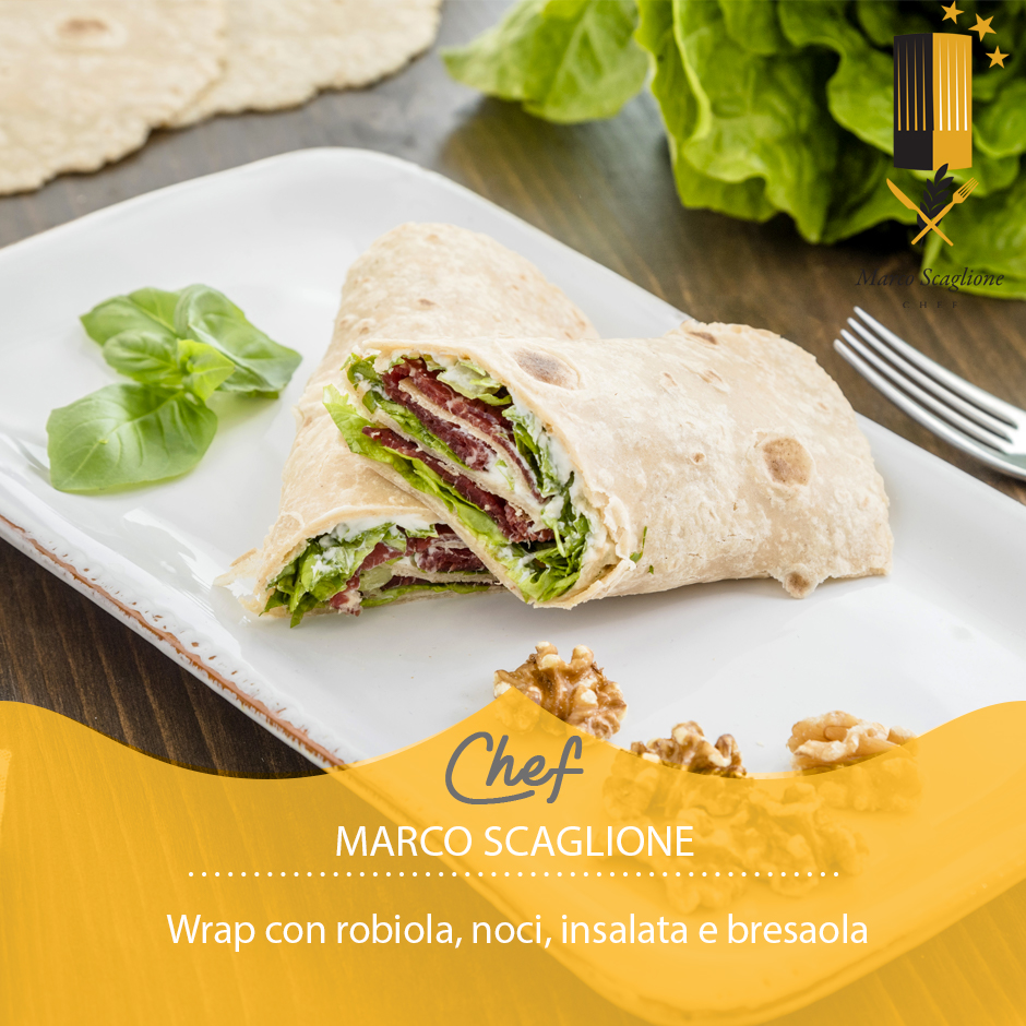 Receta de piadina wrap con robiola, nueces, ensalada y bresaola para una comida ligera