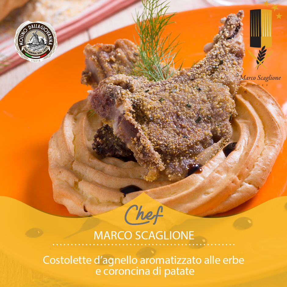 Costolette d'agnello aromatizzate alle erbe e coroncina di patate