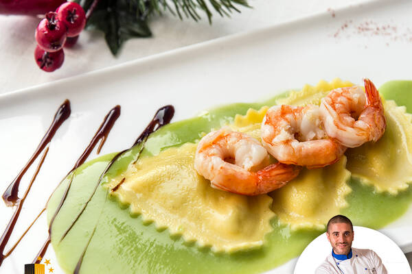 Salmon ravioli with peas cream and seared shrimp