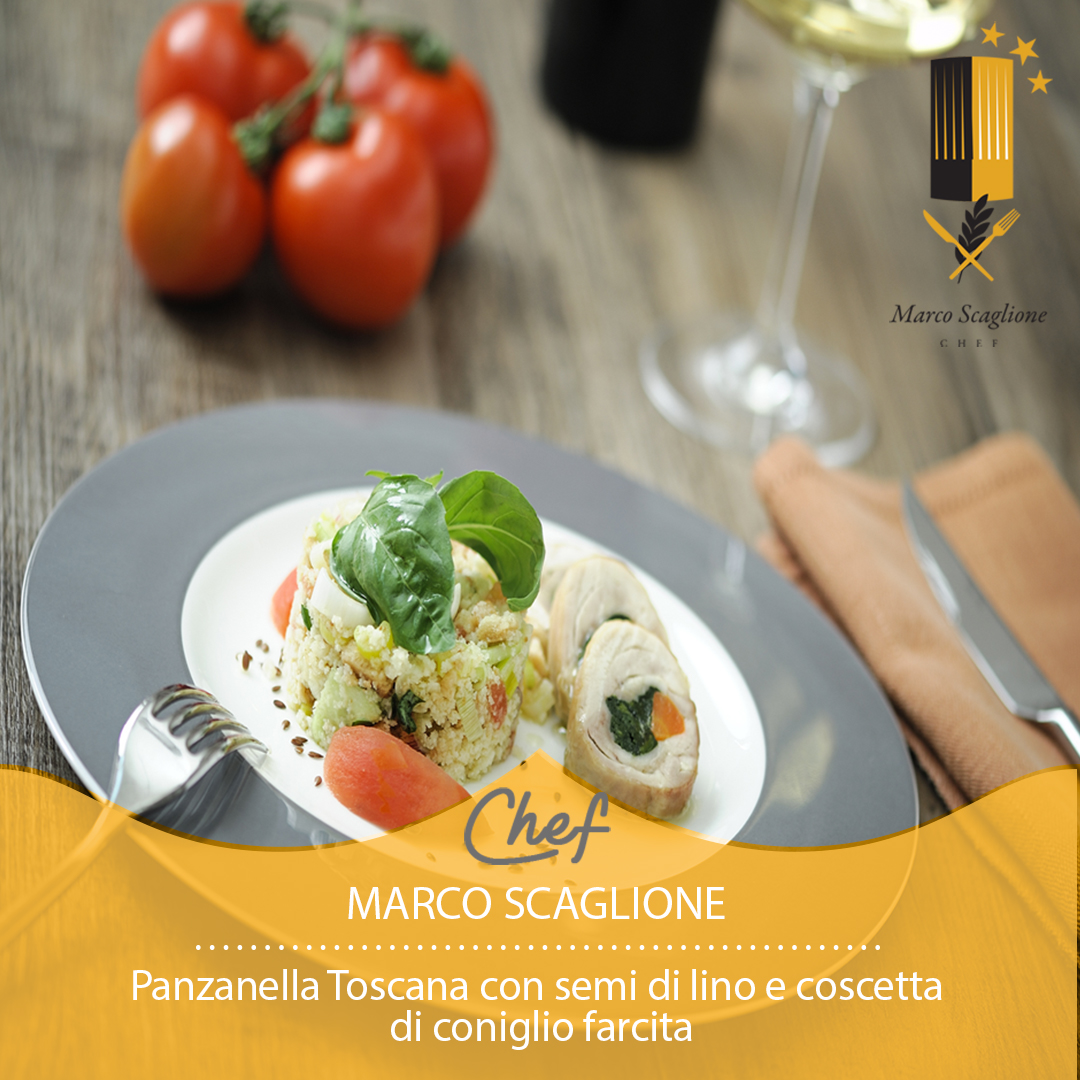 Panzanella Toscana con semi di lino e coscetta di coniglio farcita