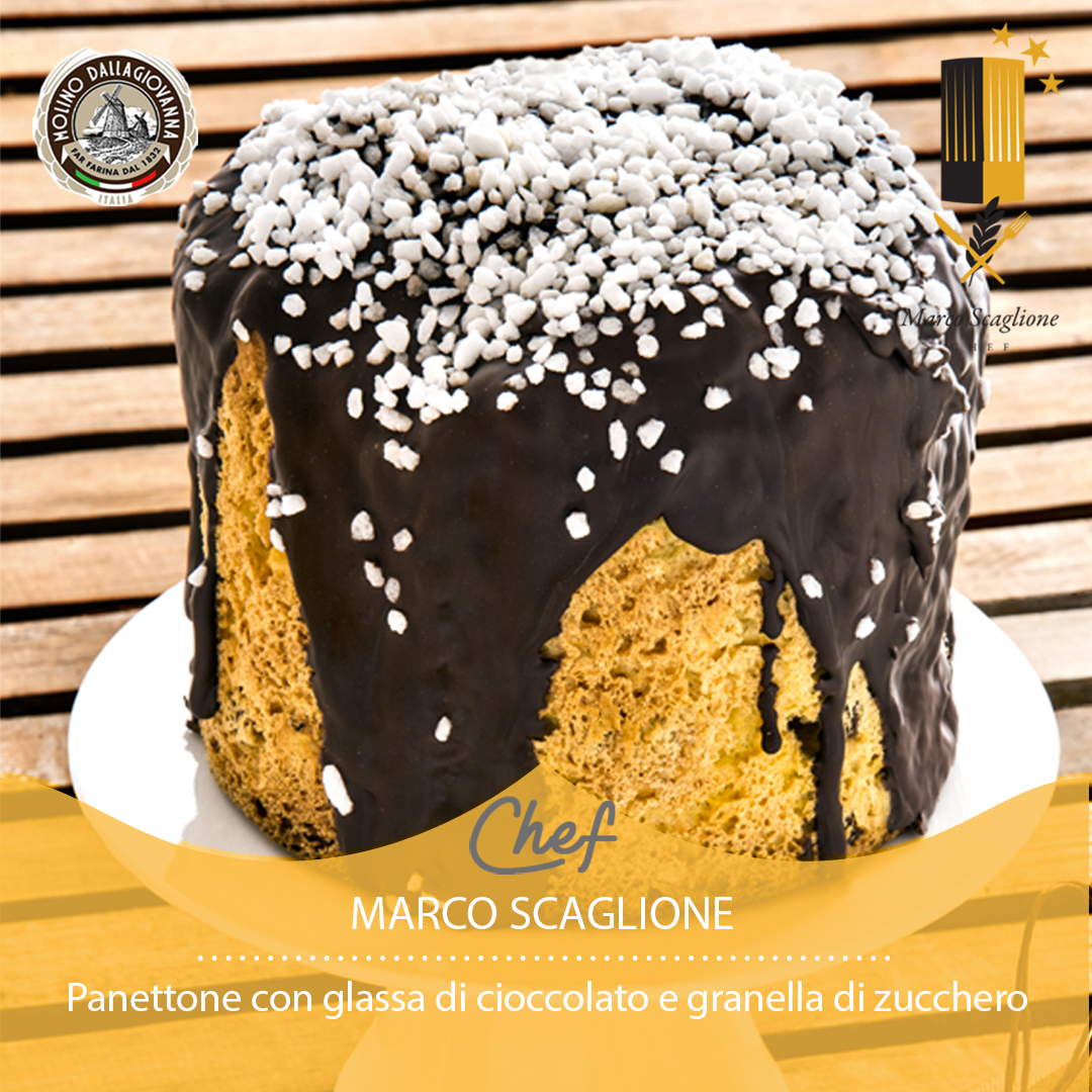 Panettone con glassa di cioccolato e granella di zucchero