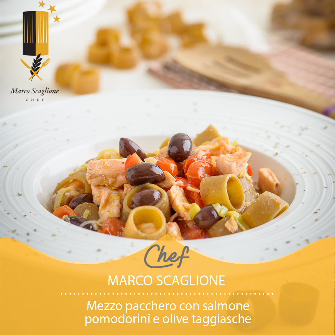 Mezzo pacchero con salmone fresco, pomodorini e olive taggiasche 