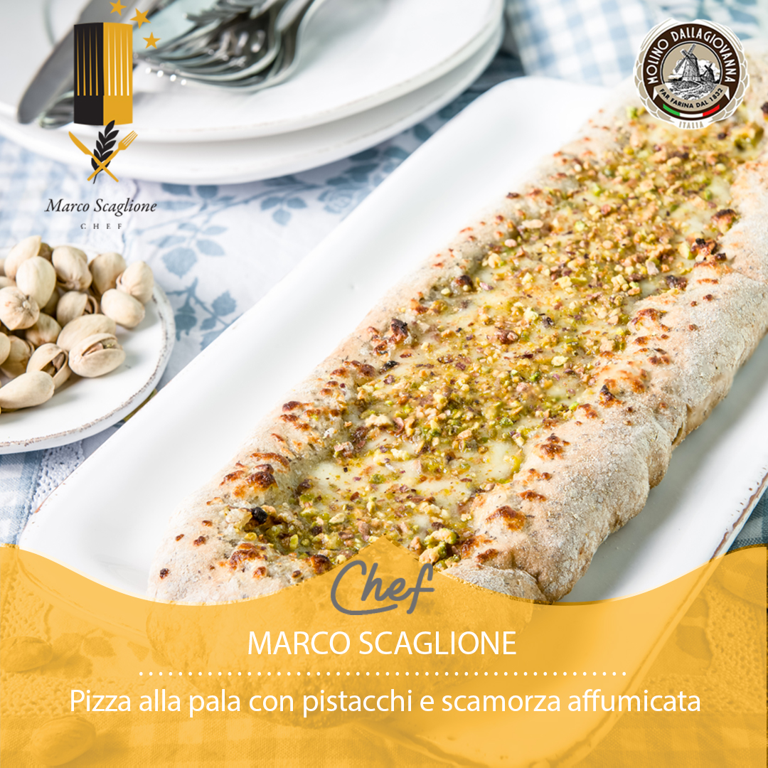 Pizza with pistachios and smoked scamorza