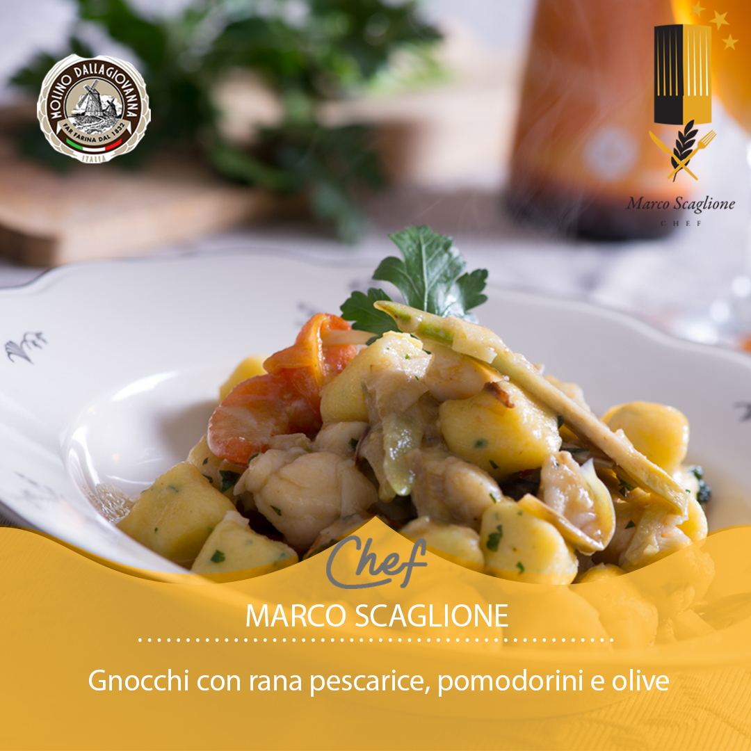 Gnocchi con rana pescatrice, pomodorini e olive