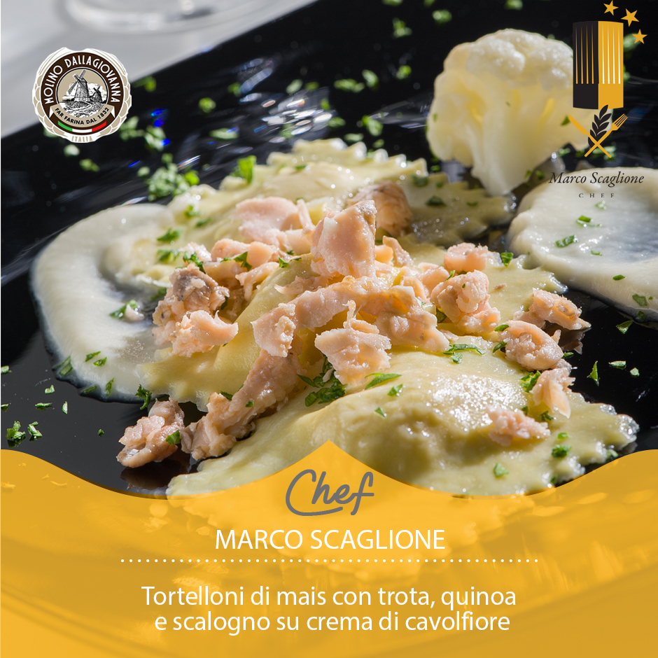 Corn tortelloni with trout, quinoa and shallots on cauliflower cream