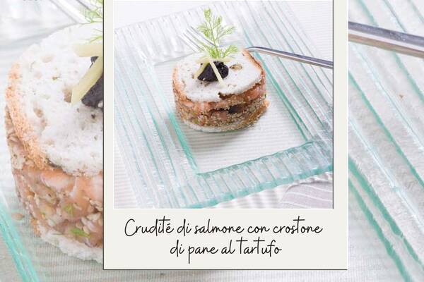 Crudités de salmón con crouton de pan de trufa