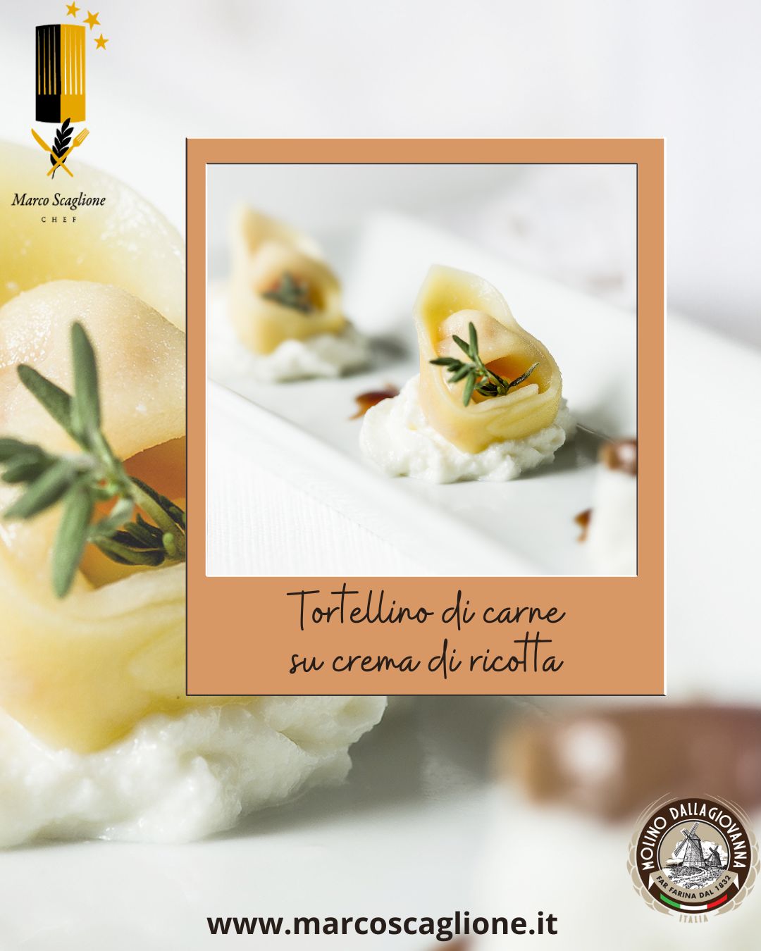 Tortellino de carne sobre ricotta y crema de limón