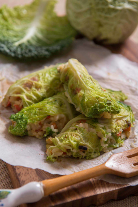 Gluten-free cabbage rolls filled with rice and vegetables