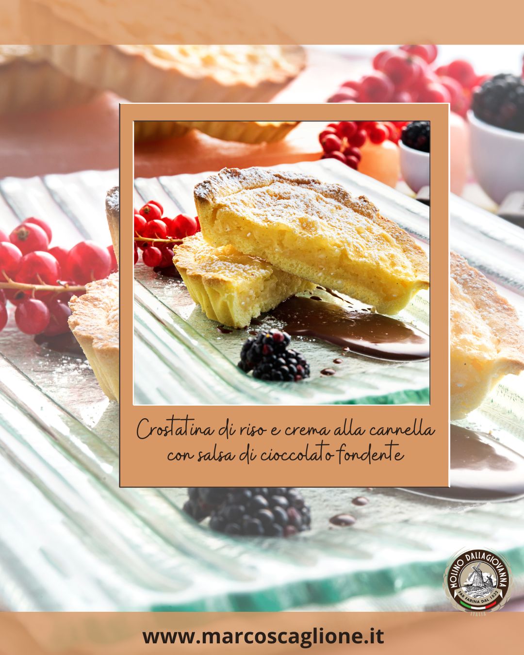Crostatina di riso e crema alla cannella con salsa di cioccolato fondente