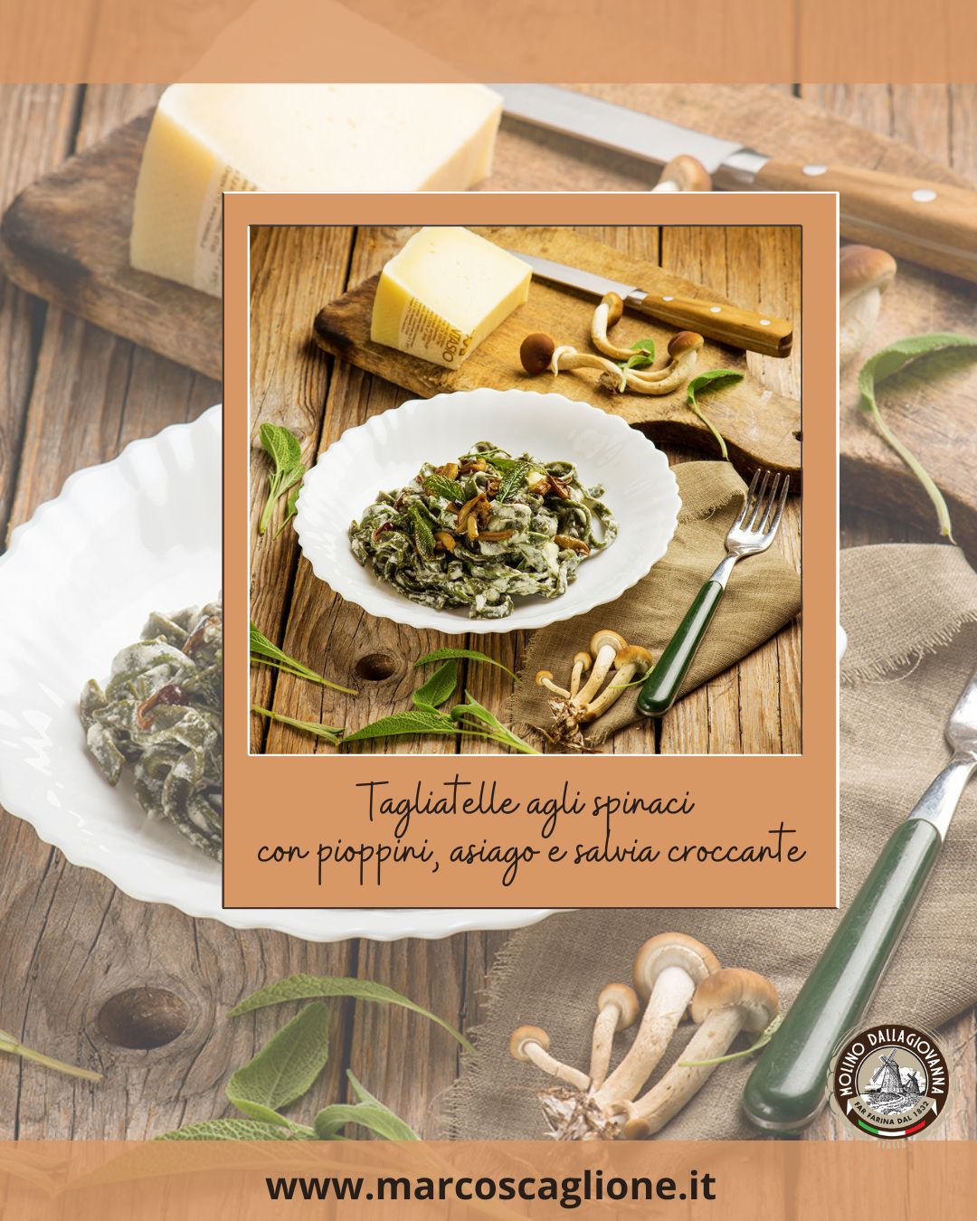 Tagliatelle agli spinaci con pioppini, Asiago e salvia croccante